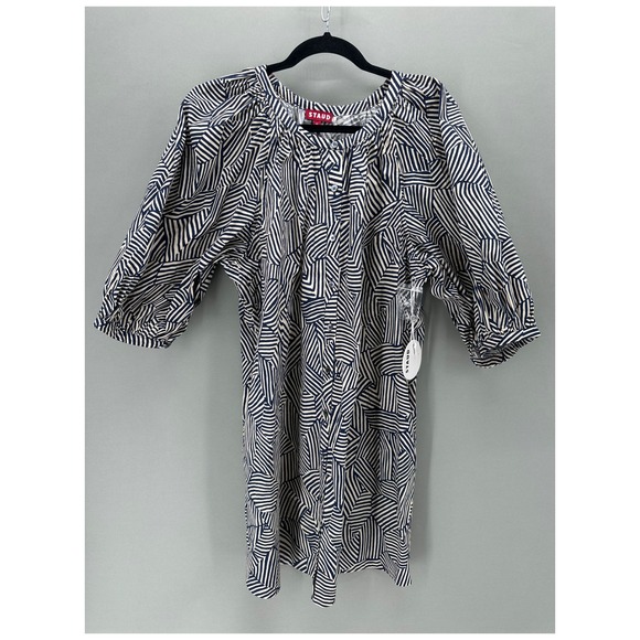 STAUD‎ Vincent Mini Dress Navy Tan Mosaic Puff Sleeve Button Front Womens XL NWT - Picture 2 of 12